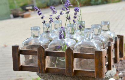 9 Glass Bottles in Wood Crate