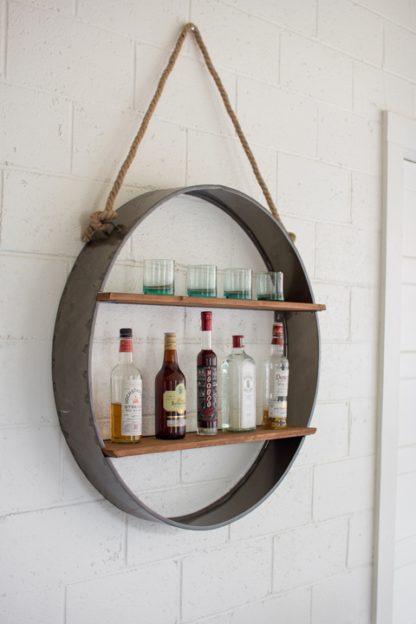 circle iron and wood hanging shelf