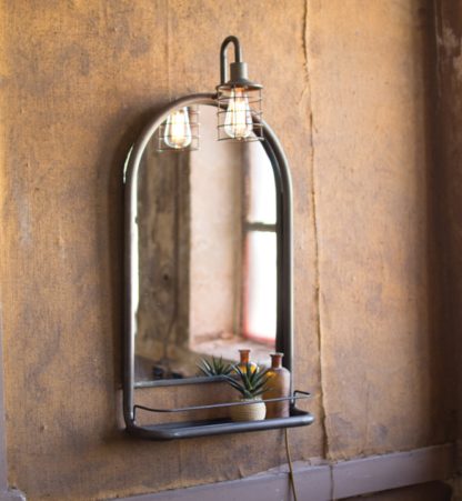 metal wall mirror with shelf and light