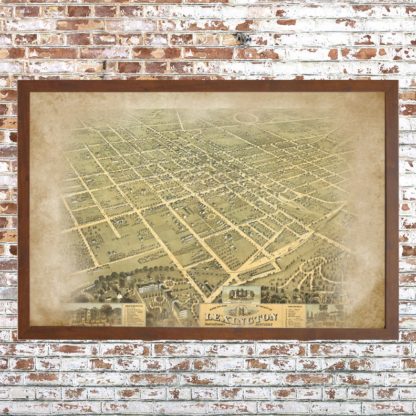 Distressed Birdseye View Lexington Map (Framed)