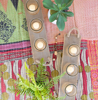 Three Glass Candle Holders on Wooden Base